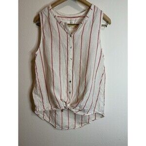 C&C California Blouse Womens Size M White Striped Sleeveless Button Up Linen Tie